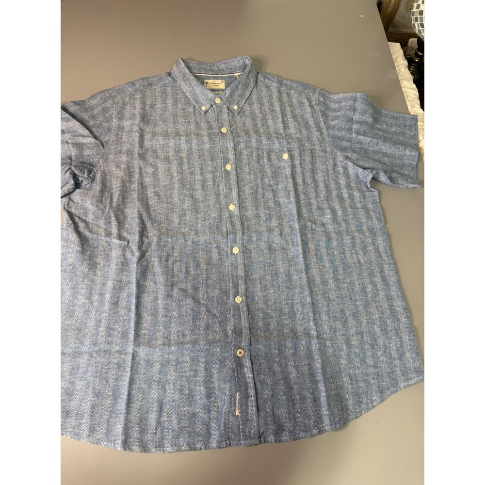 Weatherproof Vintage Mens XXL Blue Striped Linen Blend Short Sleeve Button Down